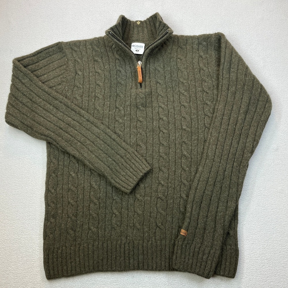 Columbia Mens Olive Green 100% Wool Cable Knit Quarter Zip Sweater S Gorpcore